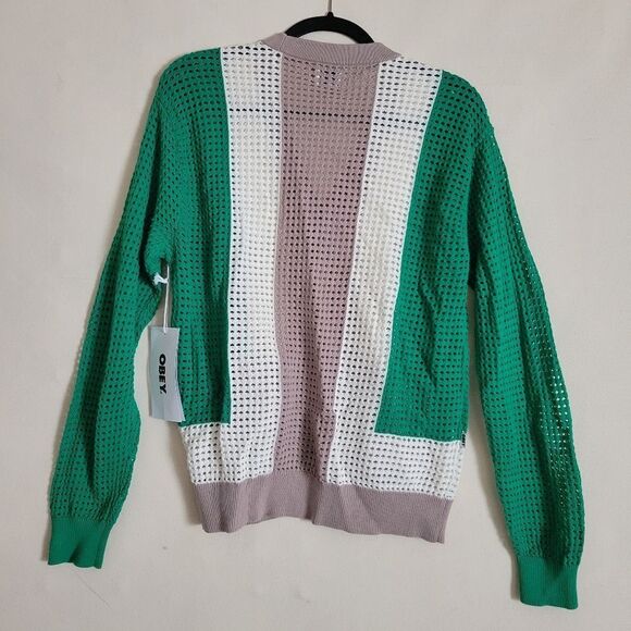 $110 NEW OBEY REVOLVE 60s GREEN TAN WHITE CARDIGAN SWEATER s small NWT - Picture 2 of 9